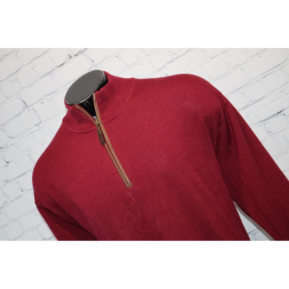 Orvis 1/4 Zip Sweater Mens XXL Red Maroon Merino Wool Faux Leather Trim
